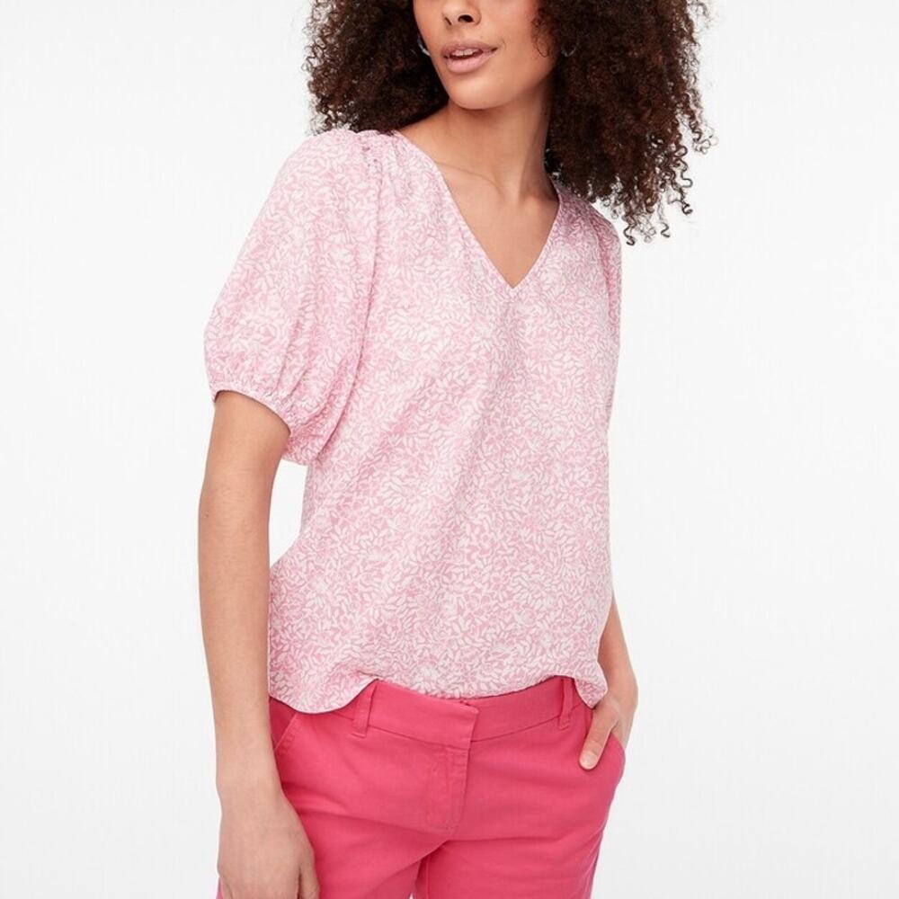 J. Crew Pink Patterned Puff-Sleeve V-Neck Blouse